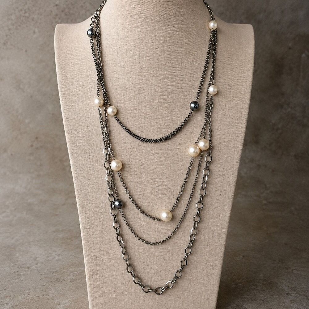 Swing Faux Pearl Necklace Four Strand Silver Tone